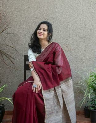 Wine Berry Pure Handloom Silk Cotton Saree From Bengal