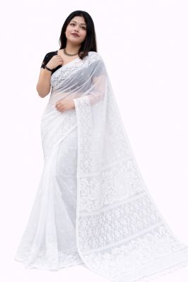 White Dhakai Jamdani Pure Handloom Cotton Saree From Bengal