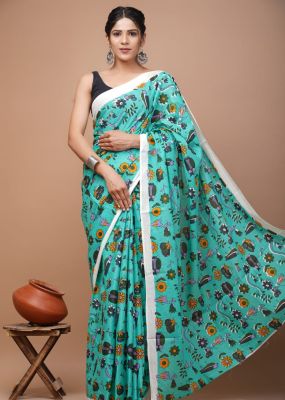 Aqua Blue Pure Handloom Mulmul Saree From Bengal