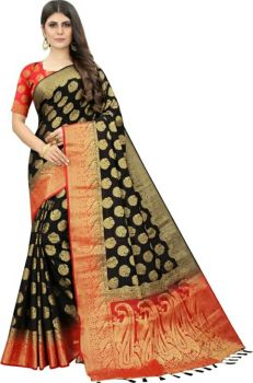 Black Orange Pure Handloom Silk Cotton Saree From Banaras