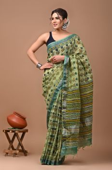 Olive Green Pure Handloom Linen Cotton Saree From Bihar