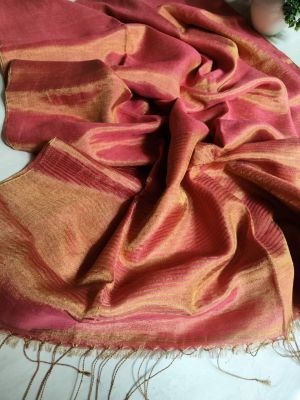 Light Burgundy Pure Handloom Linen Tissue Saree From Bengal