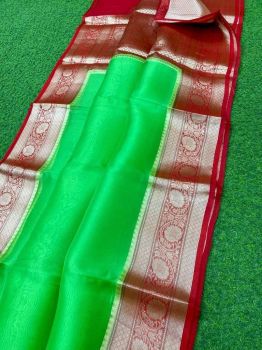 Parrot Green Pure Handloom Organza Saree From Bengal