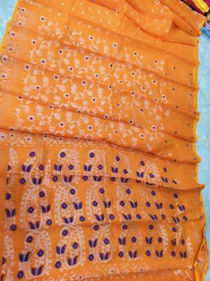 Orange Pure Handloom Dhakai Jamdani Saree From Bengal