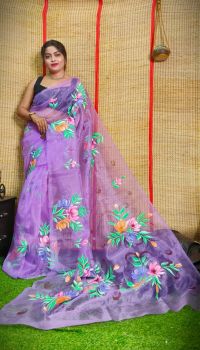 Light Violet Hand Printed Pure Handloom Organza Saree