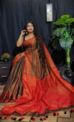 Coffee Brown Pure Handloom Tissue Saree From Bengal