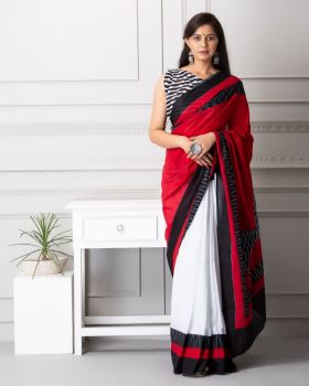 Multi colour Block Print Cotton mulmul saree
