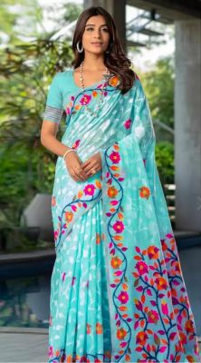 Aqua Blue Pure Handloom Cotton Jamdani Saree From Banaras