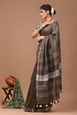 Charcoal Gray Pure Handloom Linen By Linen Saree From Bengal