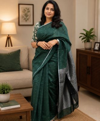 Bottle Green Pure Handloom Linen By Linen Saree From Bengal