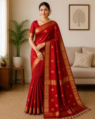 Red Pure Handloom Maheshwari Silk Cotton Saree From Bengal
