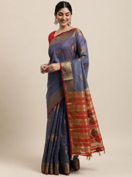 Grey Floral Zari Silk Cotton Chanderi Saree