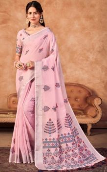 Pink Pure Handloom Linen Saree From Banaras