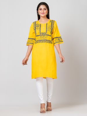 Yellow Pure Handloom Kantha Stitch Kurti From Bengal
