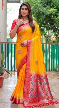 Yellow Chakra Design Silk Saree From Banaras