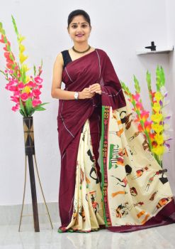 Maroon Pure Handloom Khesh Cotton Saree From Bengal