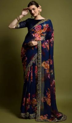 Navy Blue Pure Handloom Georgette Saree From Banaras