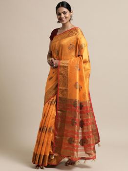Orange Ethnic Motifs Zari Silk Cotton Chanderi Saree