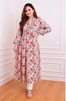 Flower Printed Kurta With Machine Embroidery On Both Kurta And Pants