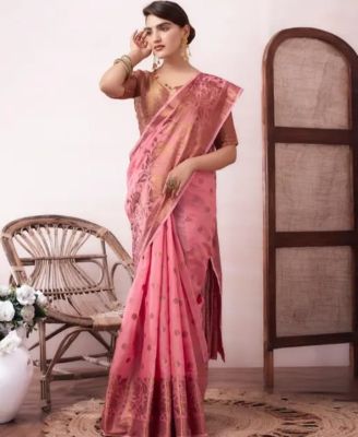 Rose Gold Pure Handloom Silk Cotton Saree From Banaras