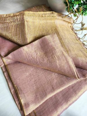 Rose Gold Pure Handloom Linen Tissue Saree From Bengal