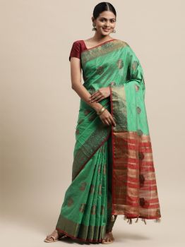 Green Floral Zari Silk Cotton Chanderi Saree