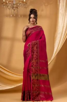 Red Wine Pure Handloom Silk Cotton Saree From Banaras