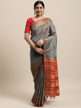 Grey Ethnic Motifs Zari Silk Cotton Chanderi Saree