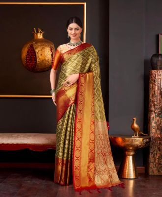Olive Green Pure Handloom Banarasi Silk Saree From Banaras