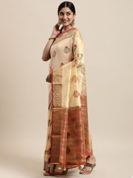Cream Floral Silk Cotton Chanderi Saree