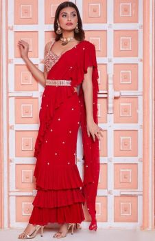 Red Party Wear Georgette Moti Work Saree