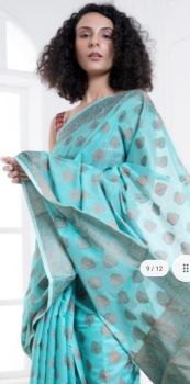 Teal Green Mercerize fancy Leaf Design Cotton Saree From Banarasi