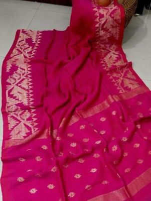 Pink Pure Handloom Linen By Linen Saree From Bengal