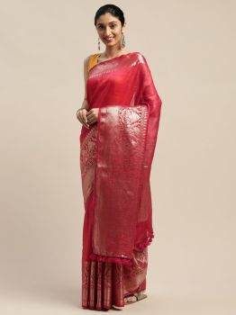 Crimson Red Handloom Banarsi Silk Linen Saree