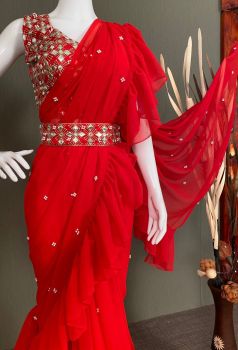 Red Party Wear Georgette Moti Work Saree