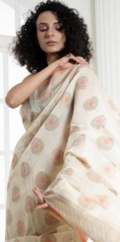 Light Cream Flower Design Chanderi Cotton Saree From Banarasi