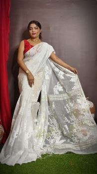 White Pure Handloom Dhakai Jamdani  Cotton Saree From Bengal