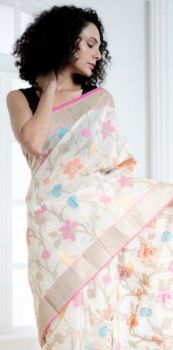 Off White Flower Design Chanderi Cotton Saree From Banarasi