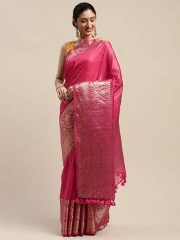 Pink Handloom Banarsi Silk Linen Saree