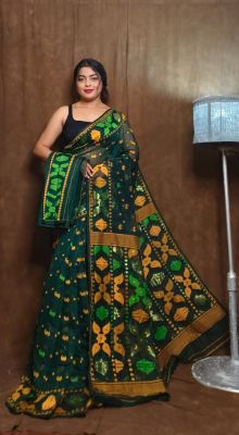 Clover Green Pure Handlloom Dhkai Jamdani Saree From Bengal