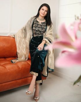 Green Heavy Pure Viscose Velvet With Embroidery Sequence Work With Fancy Bell Sleeve