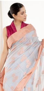 Light Grey Cotton Mercerise Patta Border Saree From Banarasi