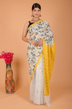Off White Block Print Cotton mulmul saree