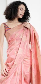 Rose Gold Cotton Mercerise Patta Border Saree From Banarasi