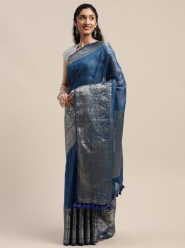 Navy Blue Handloom Banarsi Silk Linen Saree