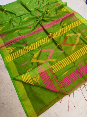 Green Pure Handloom Silk Cotton Saree From Bengal