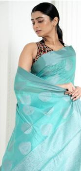 Pale Teal Cotton Mercerise Patta Border Saree From Banarasi