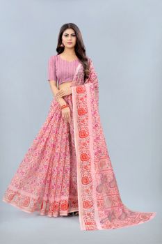 Pink Light Weight Chanderi Cotton Printed Saree