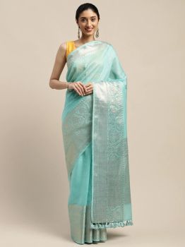 Sky Blue Handloom Banarsi Silk Linen Saree