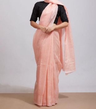 Peach & Silver Plain Hand Woven Linen Saree
